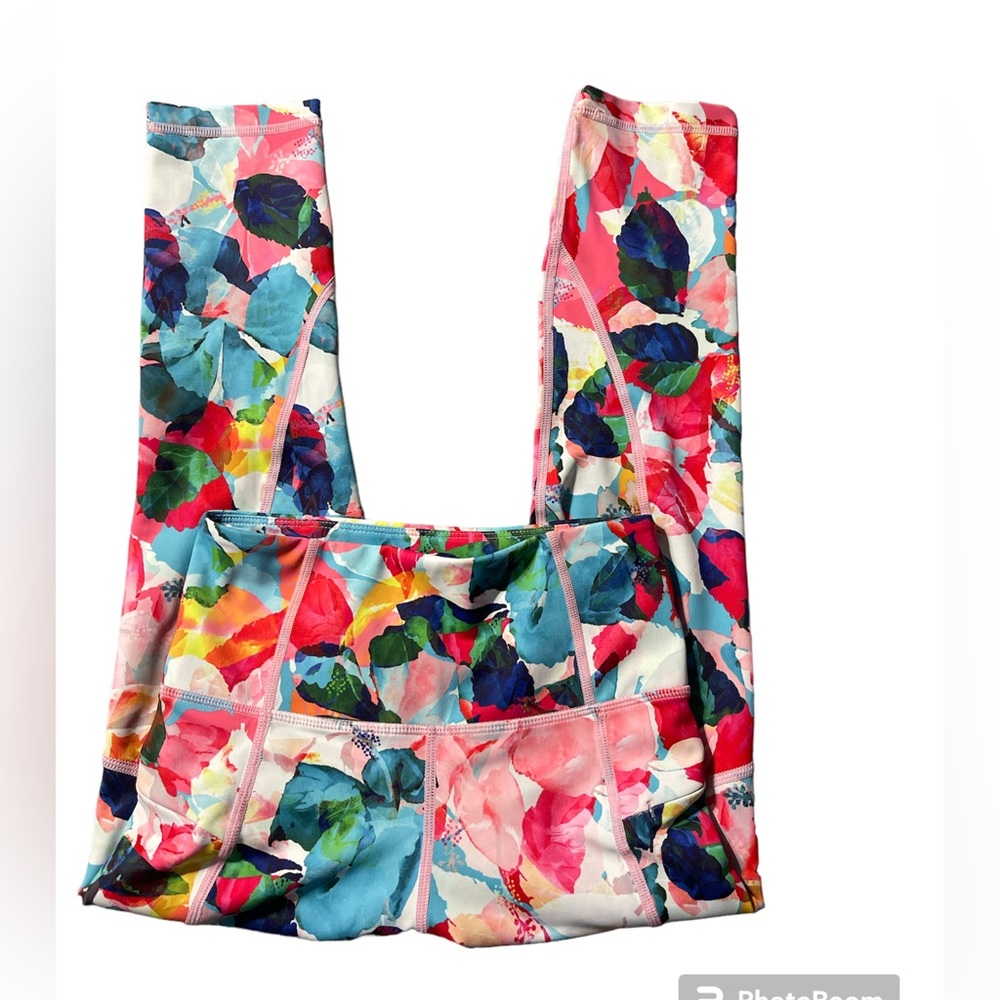 ZYIA Active Colorful Leggings Cropped Womens Sz 2 Zip Pockets Capri Floral
